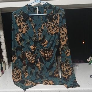 Free People Teal and Brown Floral Blouse